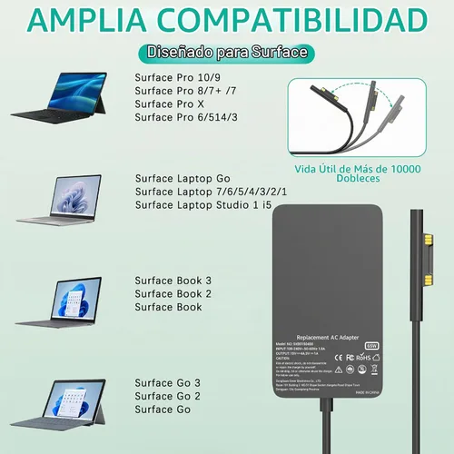 Vista 2 de 65W Surface Pro Cargador para Surface Pro 7 8 Microsoft Laptop 3 4 Compatible with Surface Pro 7+ 9 6 10 11 5 4 3 X, Laptop 3 4 5 2 7, Go 2 3 4