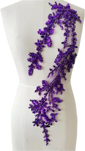 Vista 10 de Parches de lentejuelas brillantes de acrílico hechos a mano en encaje, con cuentas y piedras, para coser, accesorios para vestido de novia (negro)