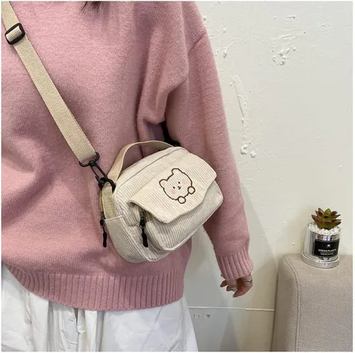 Vista 6 de Lindas bolsas kawaii, carteras estéticas, pequeñas de pana cruzada con llaveros de oso, regalo kawaii para mujeres, adolescentes y niñas