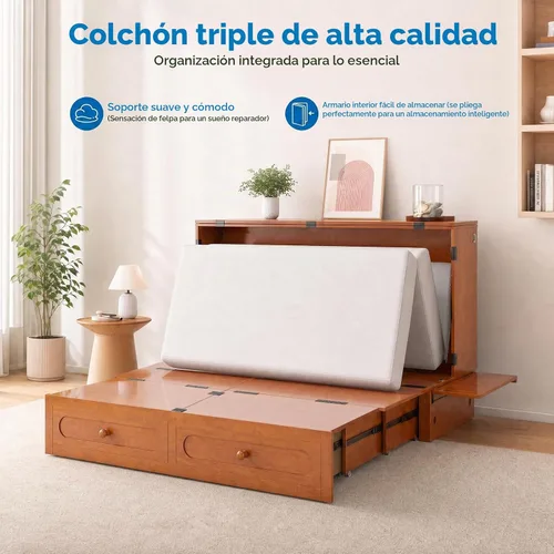 Vista 6 de Mjkone Armario de cama Queen Murphy con colchón de tres pliegues, color Cereza