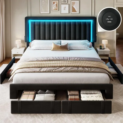 Vista 9 de YITAHOME Base de cama tamaño Queen con cabecera ajustable, 4 cajones de almacenamiento y luces LED RGB, cama de plataforma tapizada de terciopelo
