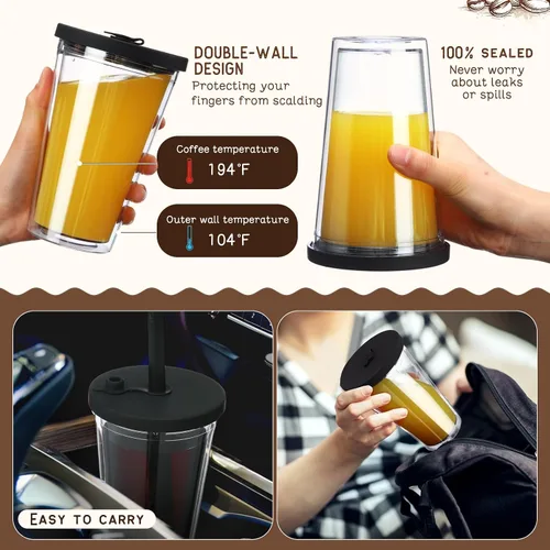 Vista 3 de Honeydak Paquete de 2 Tazas Reutilizables de 16oz para Café Helado con Tapas, Impermeables y de Pared Doble Aislada, Vaso de Café Helado de Plástico