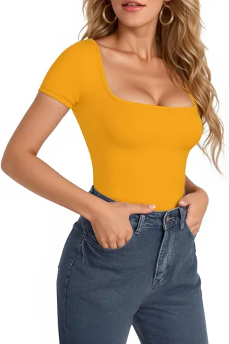Vista 23 de MANGOPOP - Body de manga corta con cuello cuadrado para mujer
