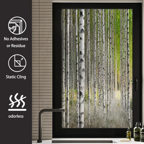 Vista 3 de Película decorativa de privacidad para ventana, control de calor, bloqueo solar, protección UV, diseño de bosque de abedul, adherencia estática