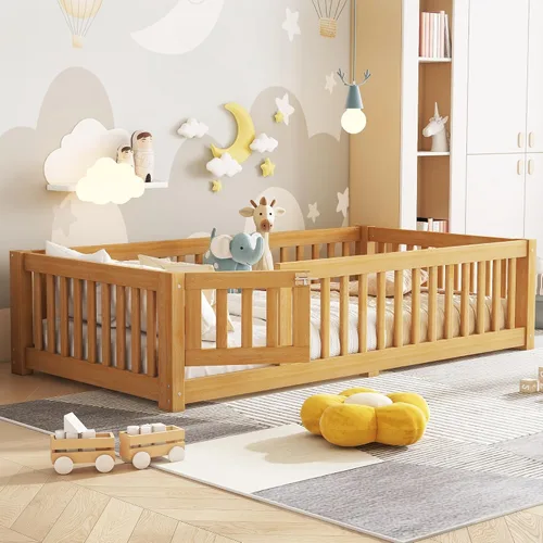 Vista 18 de Cama Montessori de tamaño matrimonial con tablillas, puerta y valla, cama Gris