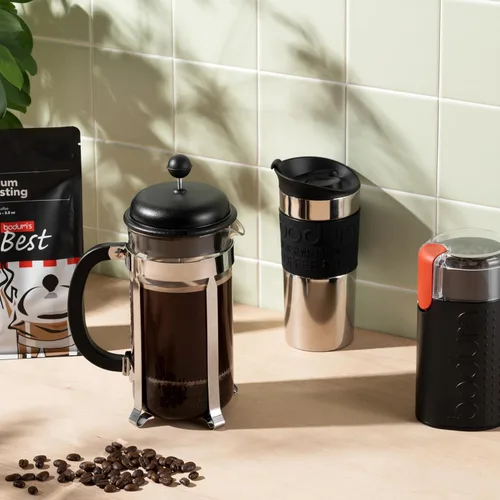 Vista 5 de Bodum Caffettiera Cafetera de prensa francesa, tapa de plástico negro y marco de acero inoxidable, 8 tazas, 34 onzas