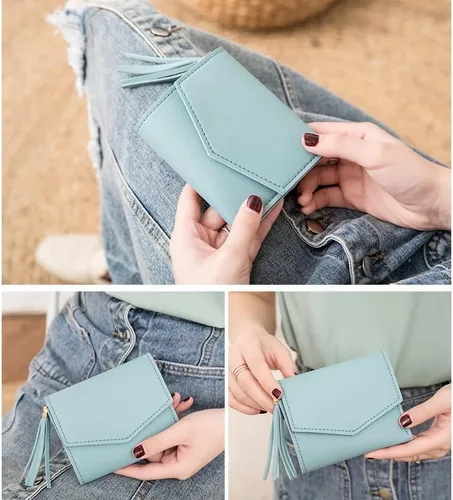 Vista 2 de Cartera con tarjetero RFID para mujer, billetera delgada, plegable, multitarjeta, con cremallera, monedero, Azul., Compacto