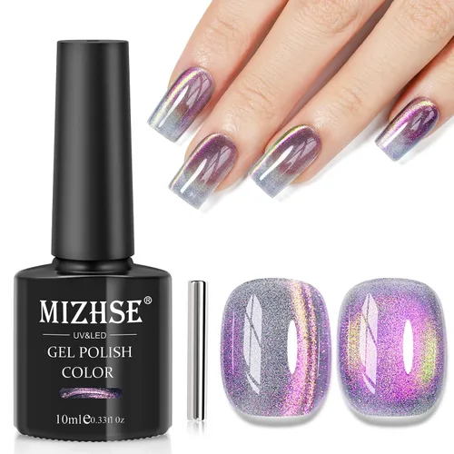 Vista 9 de MIZHSE Esmalte de uñas de gel de ojo de gato gris, esmalte de gel magnético de vidrio efecto amanecer, efecto de gatito de cristal con barra