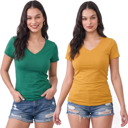 Vista 132 de Emmalise Camiseta de manga corta para mujer, cuello en V, tallas junior y plus
