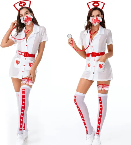 Vista 3 de Seiddons 6 piezas de accesorios de enfermera de Halloween, diadema de enfermera, sombrero de enfermera, conjunto de cosplay con estetoscopio
