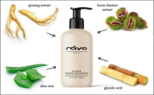 Vista 2 de RAYA Ginseng Astringent con AHA 16 oz (G-205) Tónico facial glicólico suave para piel seca y sensible Ayuda a apretar los poros, suavizar la tez