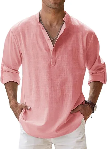 Vista 8 de Camisas de lino para hombre, de manga larga, con botones, de algodón, lino, talla grande, cuello de banda, color sólido, camisa de playa