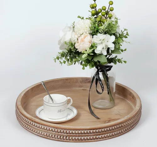 Vista 9 de Carah & Cossh Bandeja redonda de madera para servir, bandeja de madera decorativa negra, bandeja decorativa moderna redonda de 16 pulgadas, perfecta