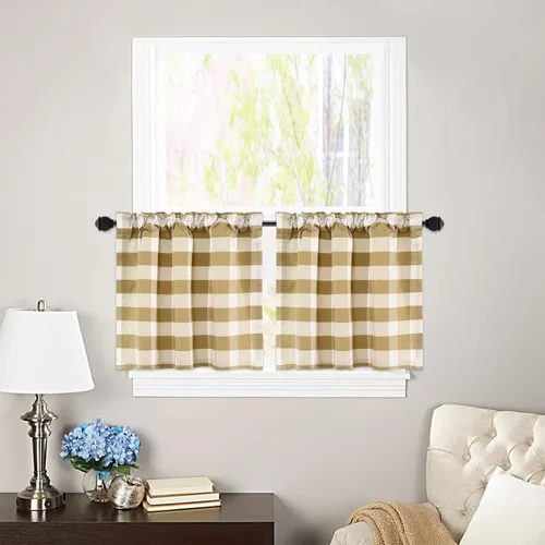Vista 19 de VOGOL Cenefa de cuadros marrón con textura de lino para dormitorio, sala de estar, diseño de bolsillo para barra, fácil de colgar, 52 x 12 pulgadas