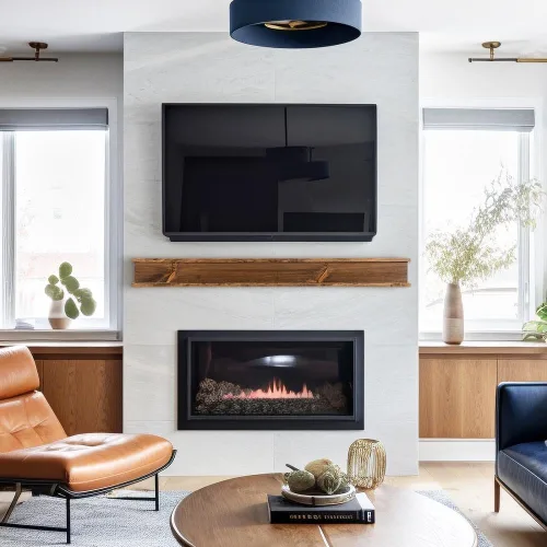 Vista 2 de Modern Ember Cody - Estante flotante de madera para chimenea de 48 pulgadas, sin terminar, estante de madera con molduras simétricas superior e