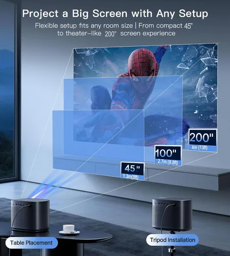 Vista 8 de Miroir Mini proyector, proyector HD para el hogar con altavoz incorporado, enfoque automático, corrección trapezoidal, portátil para películas al