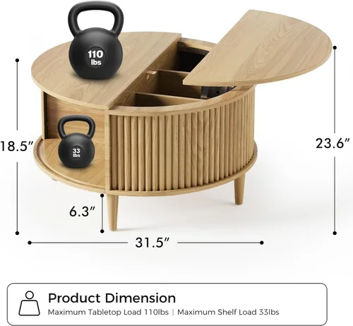 Vista 2 de Mesa auxiliar con tapa elevable y almacenamiento, mesa central redonda acanalada con puerta de armario deslizante, mesa pequeña circular para sala