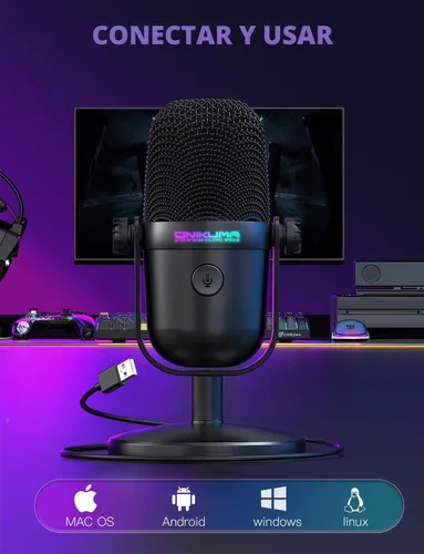 Vista 5 de Micrófono para juegos con cancelación de ruido y botón de silencio, micrófono de condensador USB para transmisión/grabación, diseño ultracompacto
