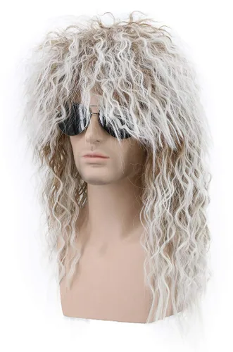 Vista 3 de karlery Peluca larga rizada de color marrón degradado blanco para hombres y mujeres, de los años 70 y 80 Rocker Mullet para fiesta, divertida