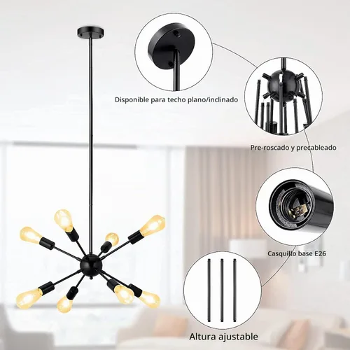 Vista 3 de SineRise Candelabros Sputnik Negros, 8 Luces Modernas Accesorio de Iluminación Sputnik con Altura Ajustable para Comedor, Sala de Estar, Cocina