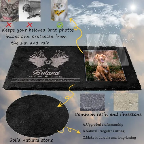Vista 2 de Bivei Piedras conmemorativas personalizadas para mascotas, regalo de piedra conmemorativa negra para jardín, marcador de tumbas para mascotas