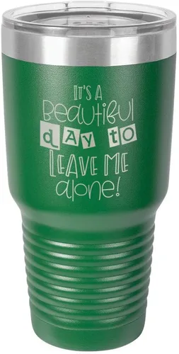 Vista 23 de Taza de viaje de acero con recubrimiento de polvo grabado por láser con grabado «It 'S A BEAUTIFUL DAY TO LEAVE ME ALONE» de 325 ml con campana