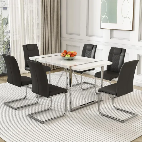 Vista 14 de Juego de mesa de comedor para 4, juego de mesa de cocina rectangular de MDF blanco con sillas de comedor de cuero, juego de 4, juego de mesa