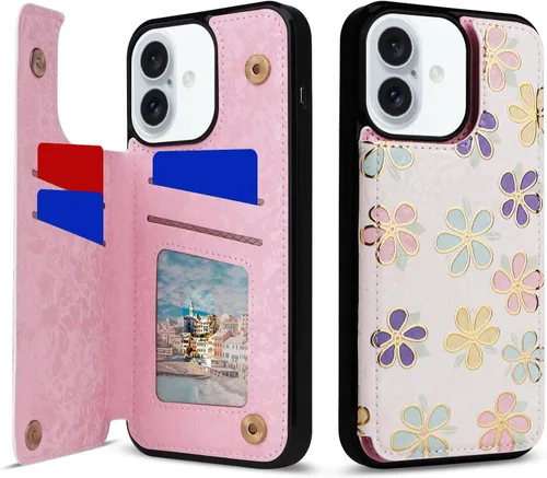 Vista 78 de UEEBAI Funda tipo cartera para iPhone 13 con tarjeteros, piel sintética, diseño floral, función atril, bloqueo RFID, doble cierre magnético, funda