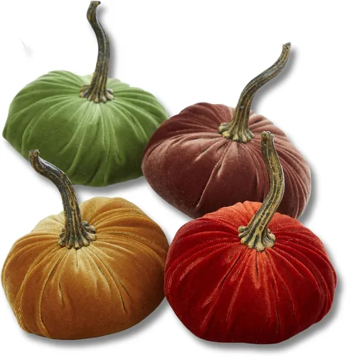 Vista 27 de Juego de 4 pequeñas calabazas de franela de terciopelo y algodón, decoración a cuadros de búfalo blanco y negro, estantes de calabaza negra