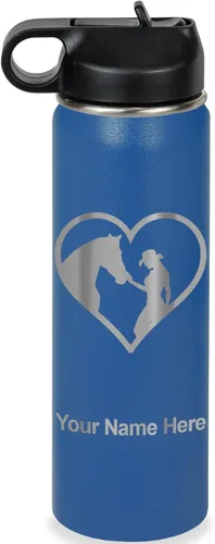 Vista 29 de LaserGram Botella de agua personalizada, corazón de vaquera de caballo, acero inoxidable de doble pared aislada al vacío con popote superior, regalo