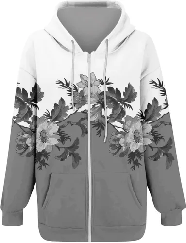 Vista 2 de Sudaderas con capucha para mujer, de gran tamaño, estampado floral, con cremallera, con cordón, chaquetas Y2K con bolsillos