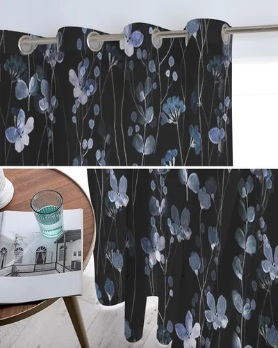 Vista 5 de Cortinas traslúcidas de flores azules de 90 pulgadas de largo, juego de 2 paneles de cortinas para cocina, dormitorio, sala de estar, puerta