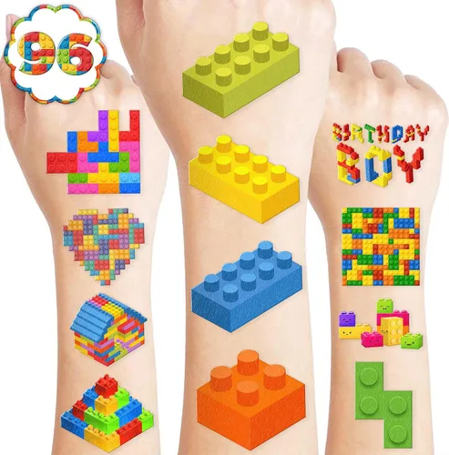 Vista 9 de 96 tatuajes temporales precortados de bloques de construcción, bonitos recuerdos de fiesta para niños, niños y niñas, suministros para fiestas