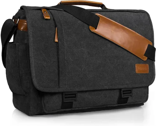 Vista 11 de ESTARER Bolsa de mensajero para laptop de 13 a 14 pulgadas, resistente al agua, bolsa de hombro de lona para universidad de negocios, gris