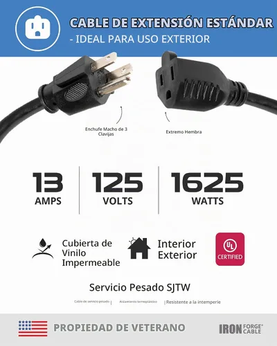 Vista 3 de Iron Forge Cable Cable de extensión negro resistente calibre 16, 3 pies
