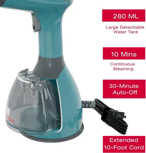 Vista 4 de SINGER Vaporizador de mano para ropa, potente vapor de 1500 W, calentamiento rápido de 20 segundos, tanque desmontable de 9.5 fl oz, apagado