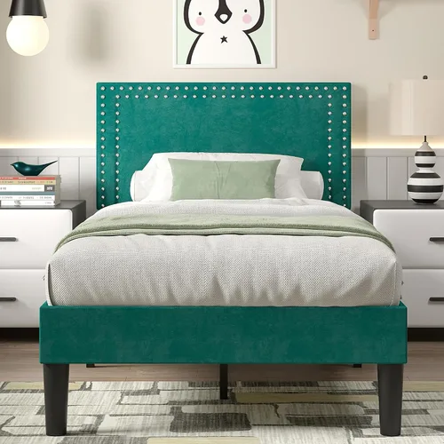 Vista 130 de VECELO Base de cama de plataforma de tamaño individual con cabecera tapizada de altura ajustable, base de colchón moderna, soporte de listones