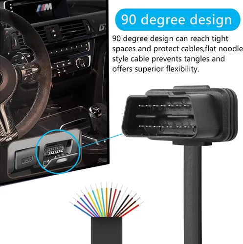 Vista 3 de CERRXIAN 2FT 0.6M OBDII OBD2 ángulo recto 16 Pin macho a hembra Extensión Cable plano, OBDII Herramienta de escaneo de diagnóstico Extensor Cable