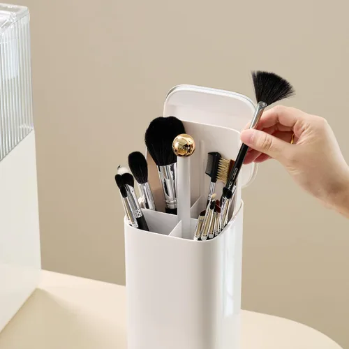 Vista 6 de Soporte para brochas de maquillaje con tapa, elevación automática, impermeable, a prueba de polvo, organizador de brochas de maquillaje