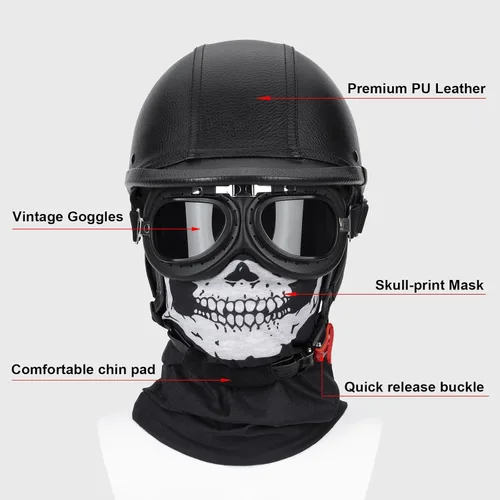 Vista 8 de Casco de motocicleta de cuero hecho a mano, casco retro de media cara para adultos, hombres y mujeres, casco ligero abierto 1/2 vintage
