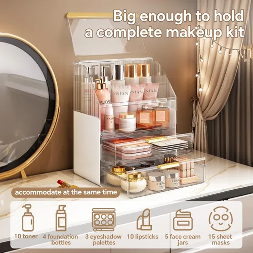 Vista 2 de Organizador de maquillaje para encimera con tapa, organizadores de cuidado de la piel para tocador, 3 niveles, almacenamiento de maquillaje
