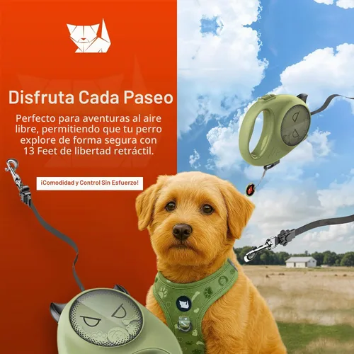 Vista 2 de Correa retráctil para perro, cinta de nailon fuerte de 13 pies, bloqueo automático, sin enredos, freno de un toque, agarre cómodo, divertido diseño