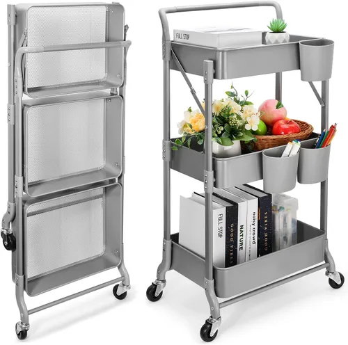Vista 10 de Carrito plegable de metal de 3 niveles, carrito organizador plegable de almacenamiento multifunción para oficina en casa y biblioteca (negro)