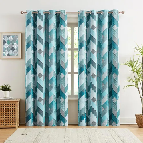 Vista 2 de Metro Parlor Cortinas opacas completas con estampado geométrico bohemio azul de 84 pulgadas para dormitorio, diseño de celosía cheurón