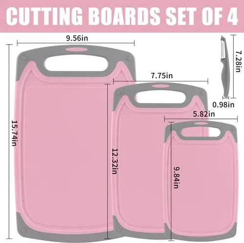 Vista 2 de Juego de 4 tablas de cortar de plástico para cocina, con patas antideslizantes y ranura profunda para jugo, mango de fácil agarre, aptas