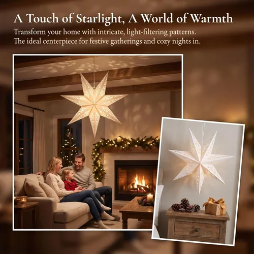 Vista 2 de LIOOBO Linternas de estrella de papel: pantalla de lámpara colgante de estrella de Navidad, luz hueca de cubierta de papel blanco, lámparas