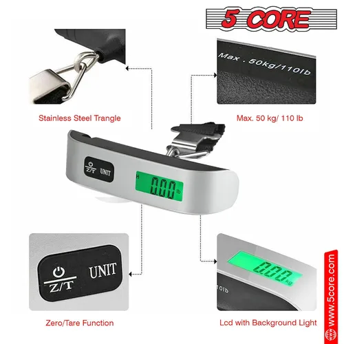Vista 3 de 5 Core LSS-004 - Báscula digital para equipaje, pantalla LCD con retroiluminación y escala de equipaje con capacidad de 110 libras, báscula colgante