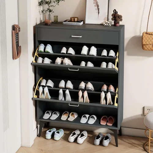 Vista 2 de Armarios de almacenamiento de zapatos, organizador de zapatos independiente con 2 cajones abatibles para entrada, estrecho de 3 niveles para entrada