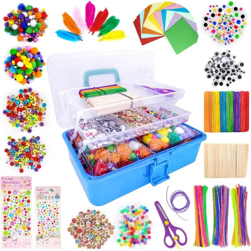 Vista 6 de kortes Suministros de arte y manualidades jumbo para niños, juego de suministros de arte de bricolaje incluye limpiapipas, pompones, plumas, caja