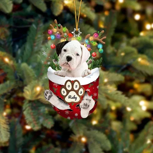 Vista 101 de Adornos personalizados de Pug cervatillo – Decoración personalizada para árbol de Navidad con patas de bolsillo de nieve